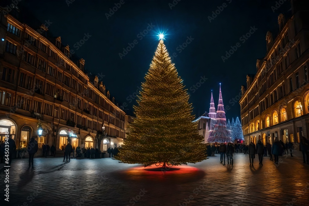 Illuminated Christmas tree in a city square