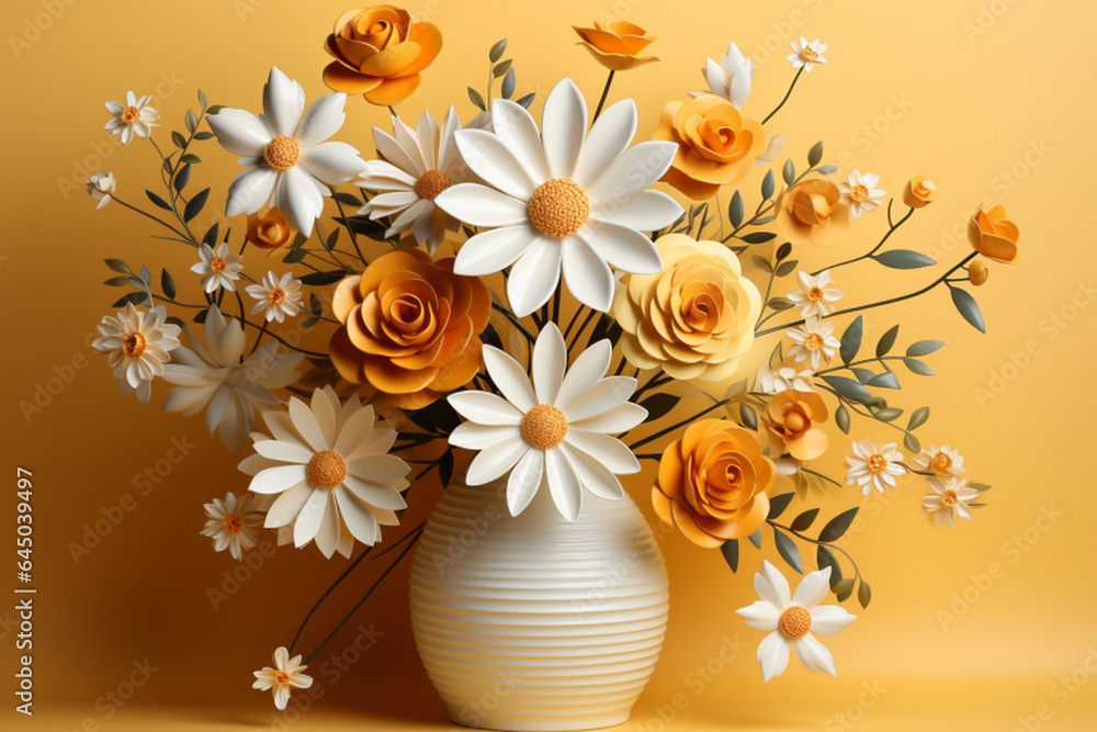 Chamomile flower bouquet in vase on yellow background, template, wallpaper, copy space