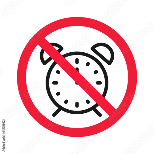 Forbidden clock vector icon. Warning, caution, attention, restriction, label, ban, danger. No alarm clock flat sign design pictogram symbol. No clock icon
