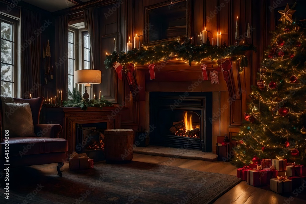 Warm fireplace adorned with  and garlands