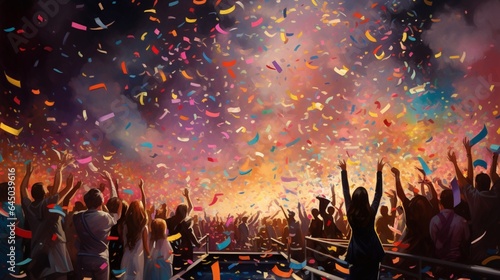 A burst of colorful confetti filling the air, as if a celebration has painted the atmosphere with joyful hues