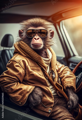 A funny monkey in a jacket and sunglasses sits behind the wheel of a car. AI Generated