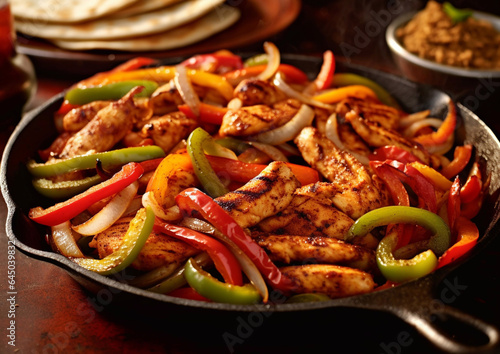 Pan with chicken fajita with lime and vegetables on wooden table.Macro.AI Generative