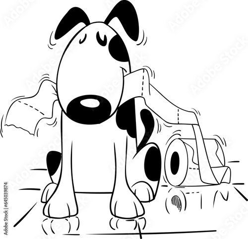 Friendly black and white dog playing with a roll of toilet paper wagging his tail with a smile very cute and happy front view