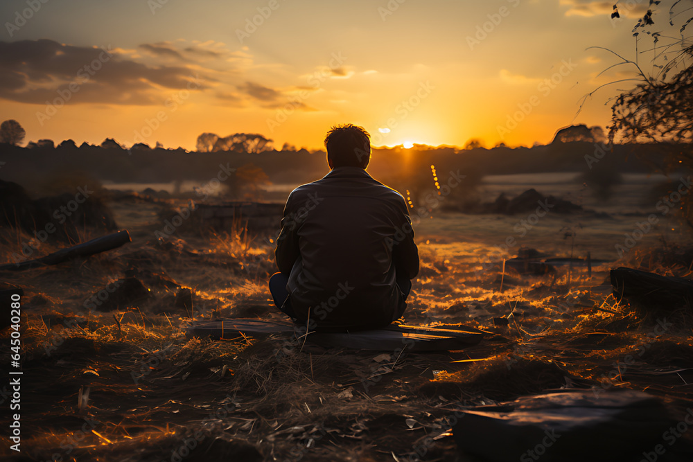 Dark silhouette of a sad person sitting with a soft sunset view, bright light. - obrazy, fototapety, plakaty 