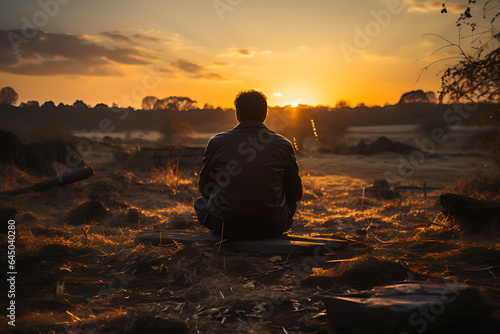 Dark silhouette of a sad person sitting with a soft sunset view, bright light.