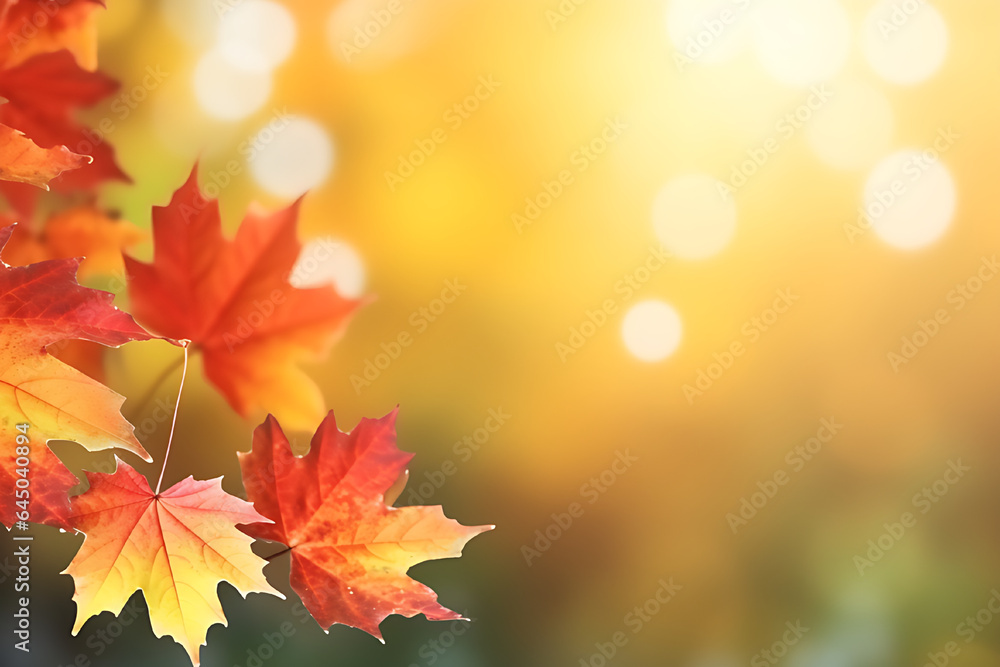 Blurred background with maple leaves in yellow and red autumn. Template. Copy space.