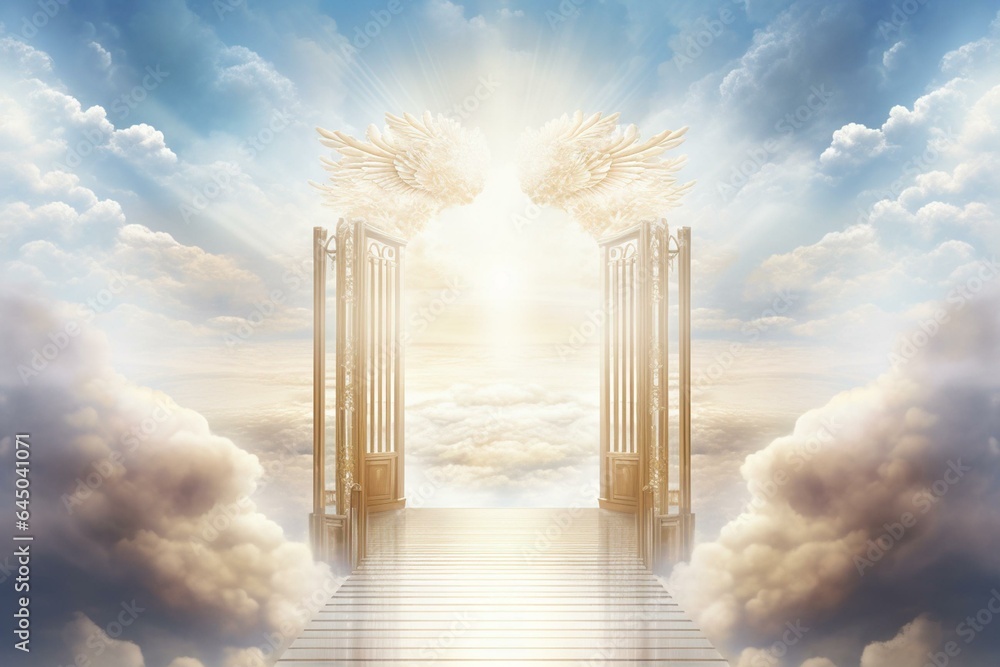 Illustration: heavenly gate and divine light shining through gap in sea of clouds beyond falling white. Generative AI - obrazy, fototapety, plakaty 