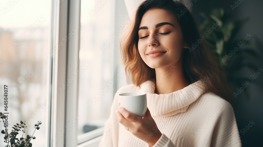 Young beautiful girl drinks morning coffee with her eyes closed. Generative AI Young beautiful girl drinks morning coffee with her eyes closed. Generative AI