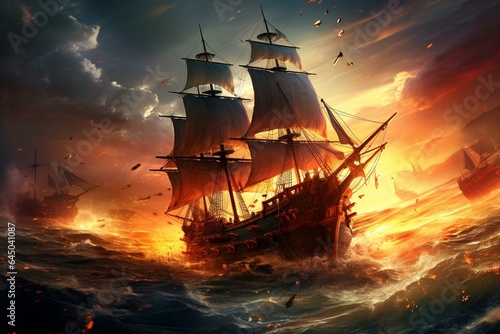 Epic naval conflict as pirate ship sails on the sea. Generative AI