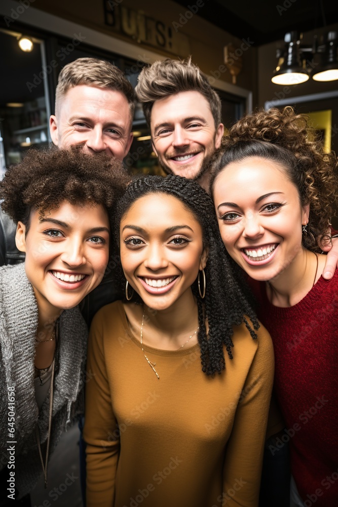 Multiethnic Young friends smiling at camera. AI Generated. Multiethnic Young friends smiling at camera. AI Generated.
