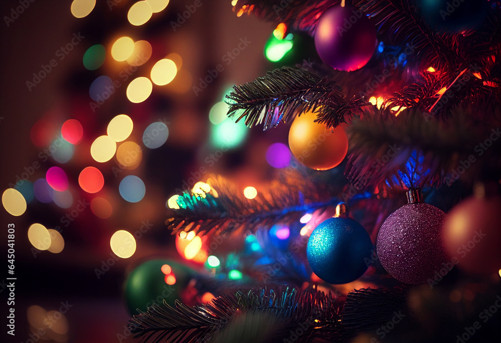 Christmas tree close-up against the background of lights. AI Generated Christmas tree close-up against the background of lights. AI Generated
