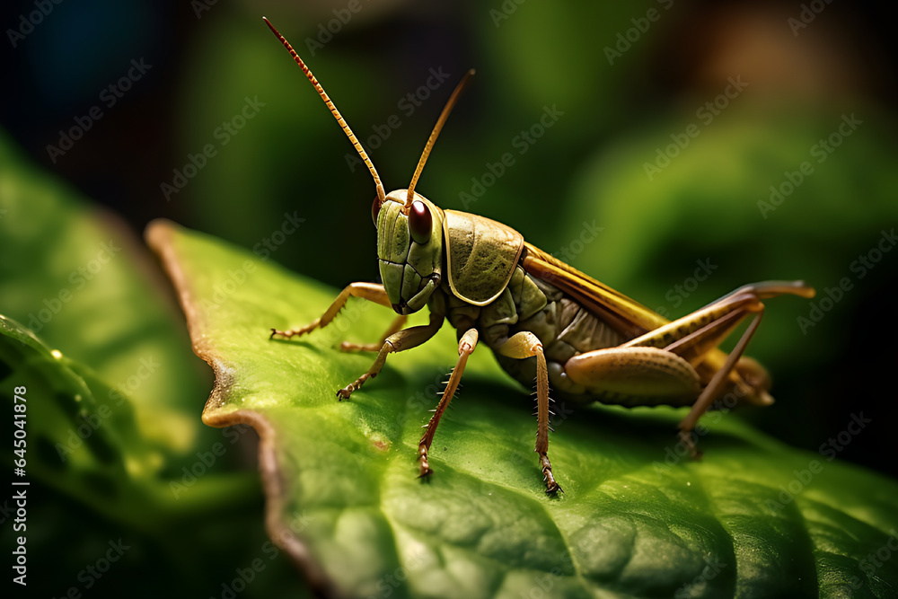 Winged grasshopper on fresh green leaves, bright photo, sharp focus. Winged grasshopper on fresh green leaves, bright photo, sharp focus.