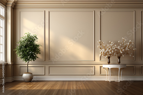 Light brown empty house interior wall mockup with flower vase  elegant.