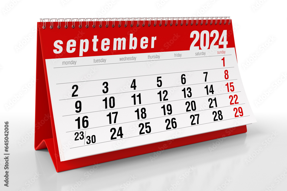 September 2024 Calendar. Isolated on White Background. 3D Illustration