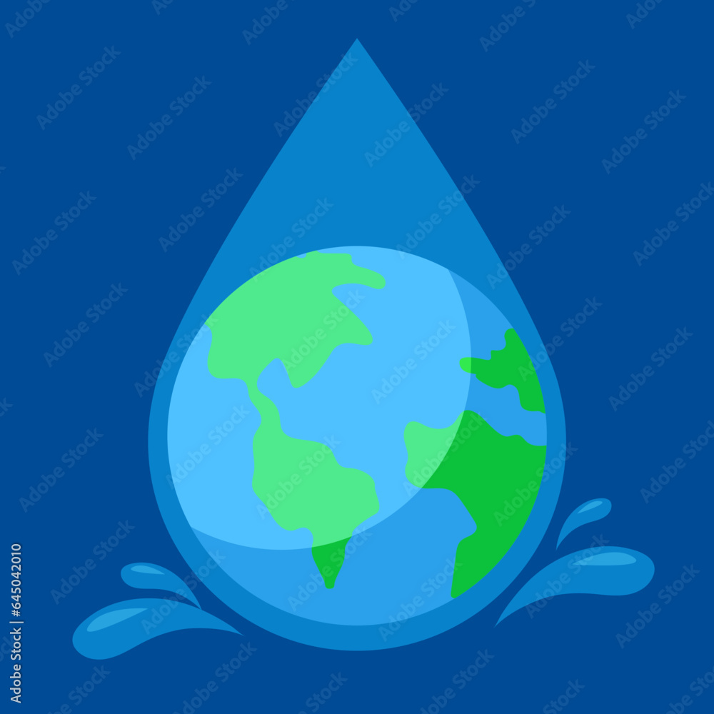 Save water concept. Earth in water drop. Vector illustration in flat style