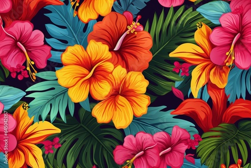 Pattern with vibrant flowers and leaves. Wallpaper showcasing tropical plants. Generative AI