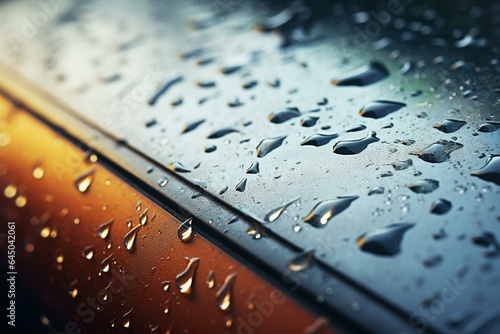 Closeup of raindrops on car windshield with frameless wiper blade. Generative AI