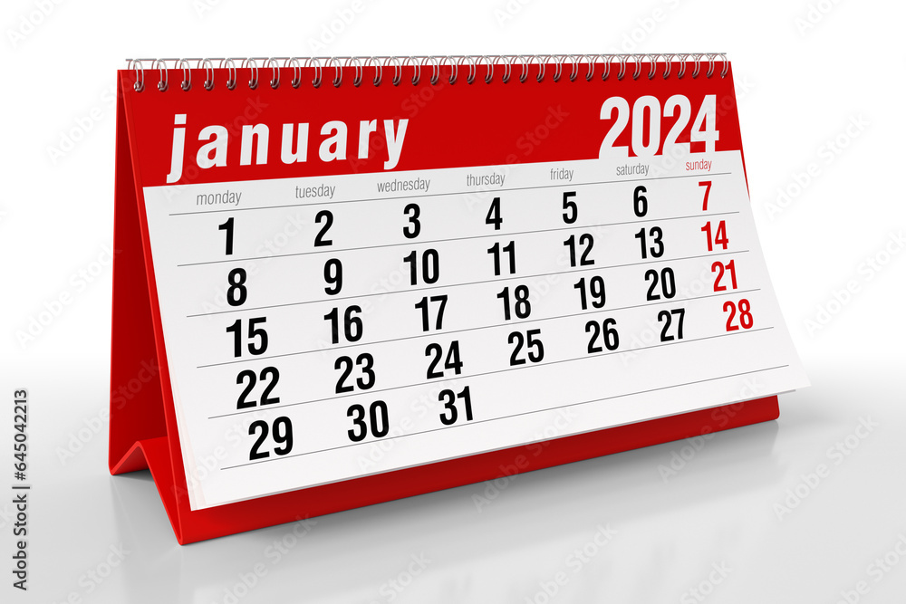 January 2024 Calendar. Isolated on White Background. 3D Illustration