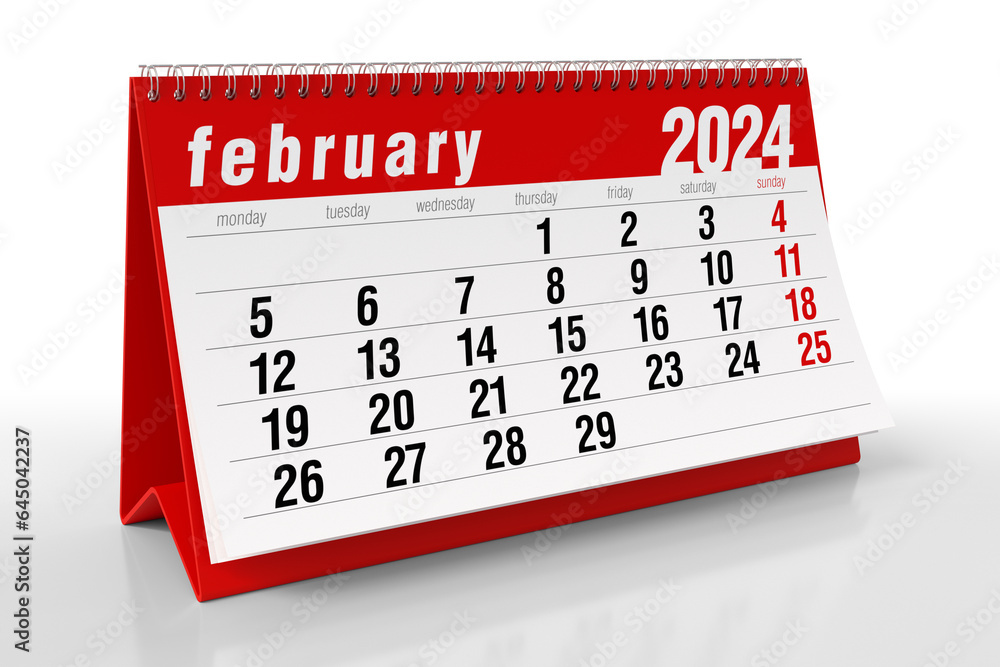 February 2024 Calendar. Isolated on White Background. 3D Illustration