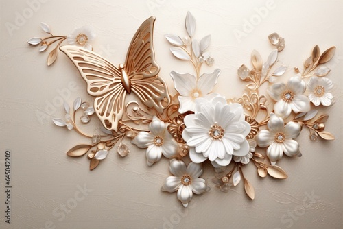 Elegant 3D floral jewelry with a butterfly on a luxurious wall backdrop. Generative AI