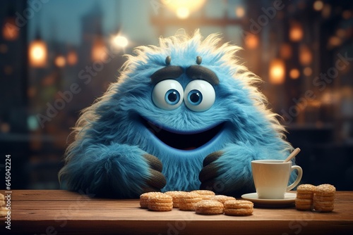 Blue monster eating cookies on rustic table with coffee cup, bakery bokeh background. Generative AI