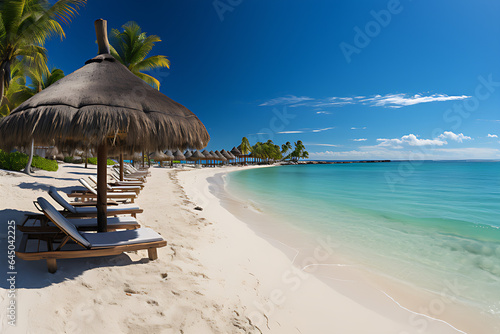 Beautiful beach panorama with white sand, turquoise sea and blue sky on a sunny day. Summer tropical landscape with green palm trees and straw umbrellas with empty copy space.