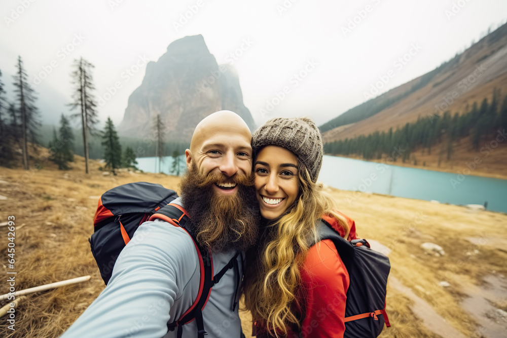 Happy couple taking a selfie on winter vacation. AI Generated.
