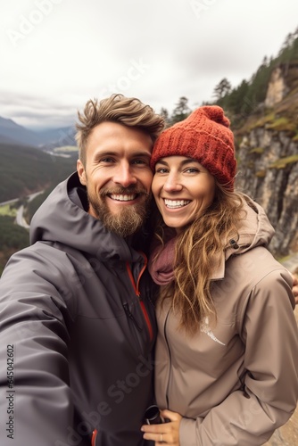 Happy couple taking a selfie on winter vacation. AI Generated.