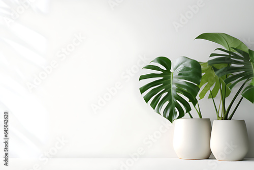 Bright green leaves of Philodendron plant with white coral background and copy space, creating a refreshing and summer atmosphere, simple and elegant. © Cimutimut