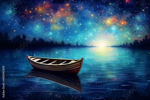 abstract night dream with starry sky, boat, sea, lake reflecting milky way, universe, stars, planets. Generative AI