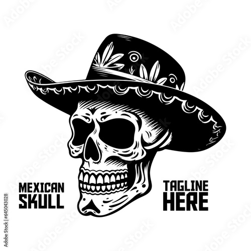 Monochrome skull donning a Mexican hat vector artwork. Hand-drawn Mexican calavera. Design feature for logo, label, insignia, sign, brand, poster, t-shirt print - PNG, Transparent Background