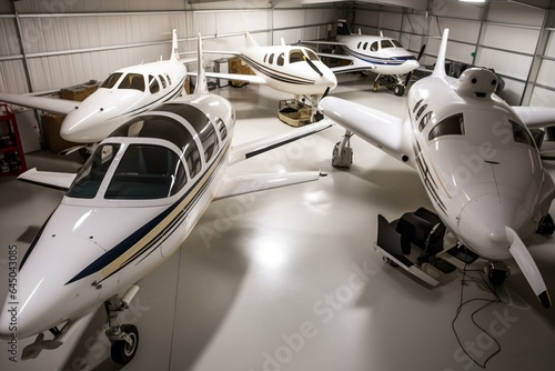 High-end personal aircraft in airplane storage. Generative AI © Dalia