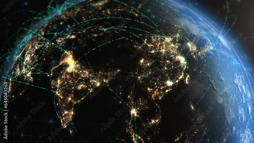 Bright Connections Forming a Network Over Asia. Animations Representing Satellite, Mobile and Technological Signals. Global Telecommunication, Big Data. Realistic Planet Earth with City Lights.