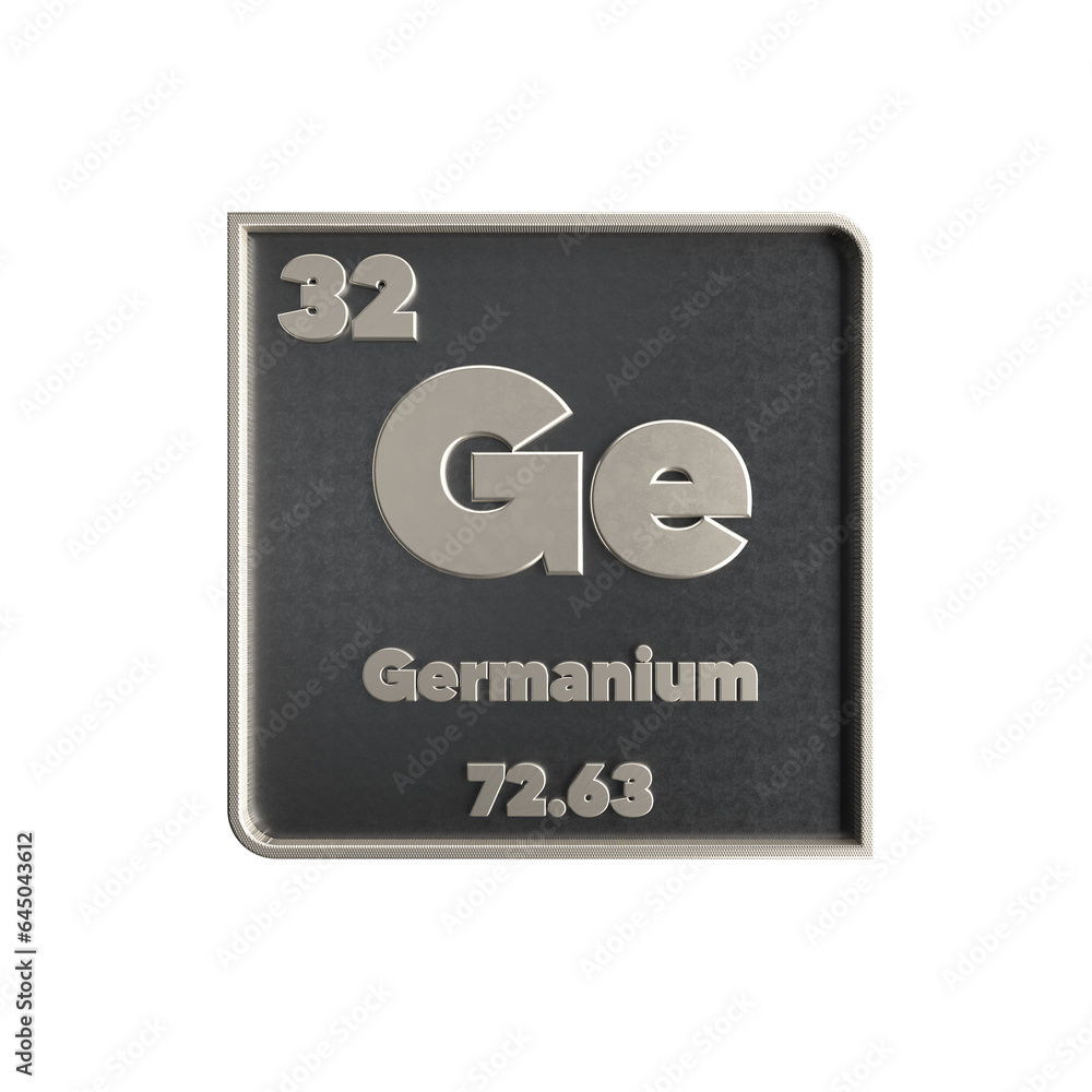 Germanium chemical element black and metal icon with atomic mass and atomic number. 3d render illustration. Germanium chemical element black and metal icon with atomic mass and atomic number. 3d render illustration.