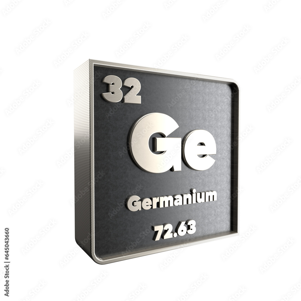 Germanium chemical element black and metal icon with atomic mass and atomic number. 3d render illustration. Germanium chemical element black and metal icon with atomic mass and atomic number. 3d render illustration.