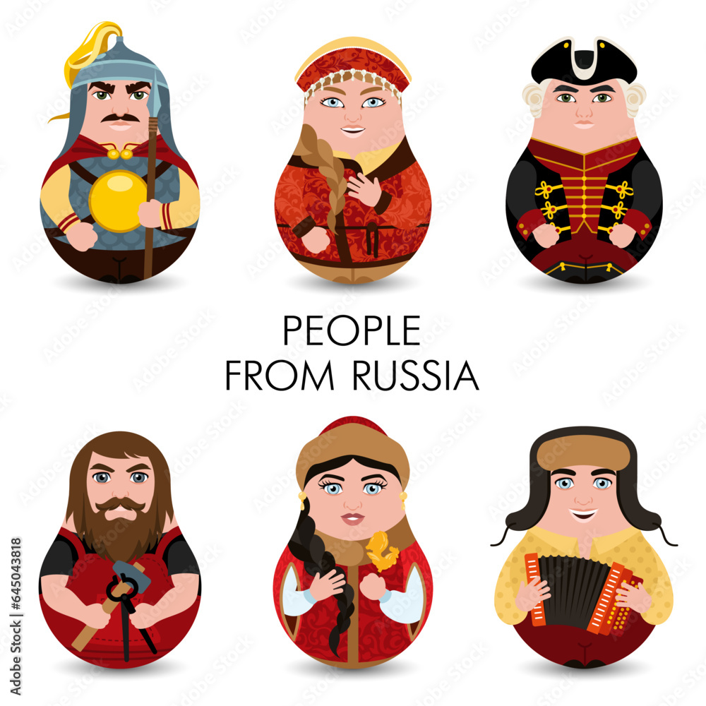 Design tilting toy. Residents of Russian countries in historical costumes. Slavic people. Modern kawaii dolls for your business project. Vector. Design tilting toy. Residents of Russian countries in historical costumes. Slavic people. Modern kawaii dolls for your business project. Vector.