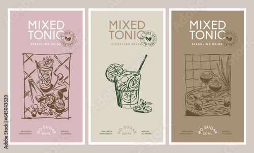 Vector hand drawn beverages packaging label design templates for cafe or restaurant