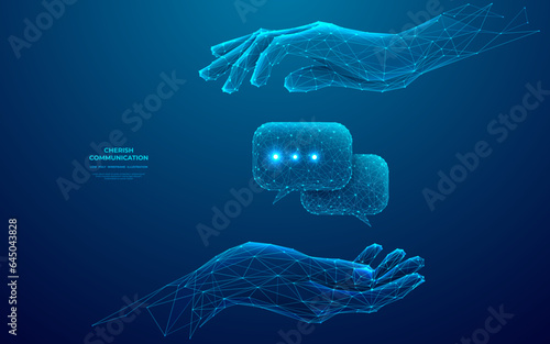 Abstract digital close-up hands holding speech bubble icons. Secure communication and chat protection concept. Vector illustration in futuristic low poly wireframe style on blue technology background.