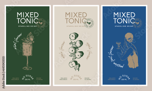 Vector hand drawn beverages packaging label design templates for cafe or restaurant