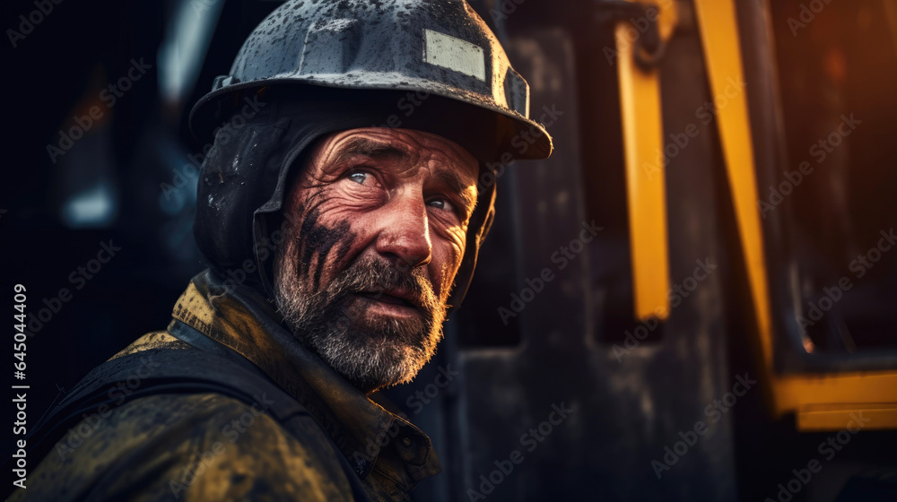 Coal mine worker, close up. Generative AI Coal mine worker, close up. Generative AI