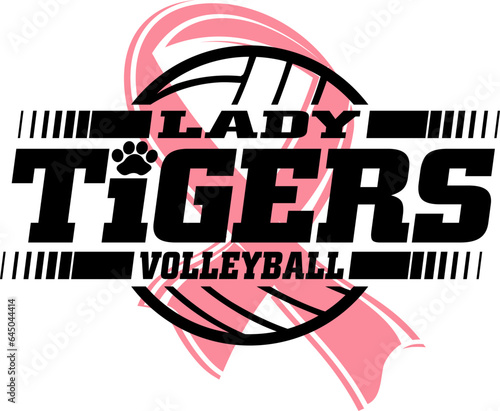 lady tigers volleyball team design with pink cancer ribbon for school, college or league sports