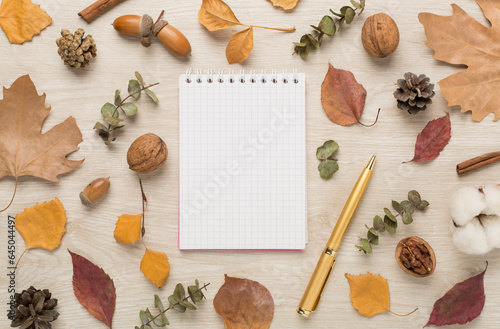 Fototapeta Naklejka Na Ścianę i Meble -  Autumn leaves with notebook on wooden background, top view