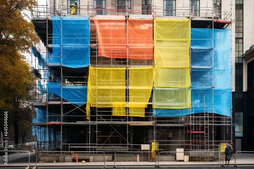 Reconstruction work on a building in central Frankfurt, featuring scaffolding and safety net in the national colors of Ukraine. Generative AI