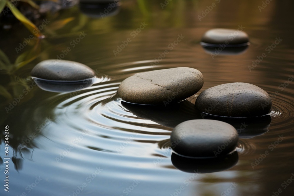 Peaceful stones, pebbles, reflections on water symbolize spa, meditation, and tranquility. Generative AI