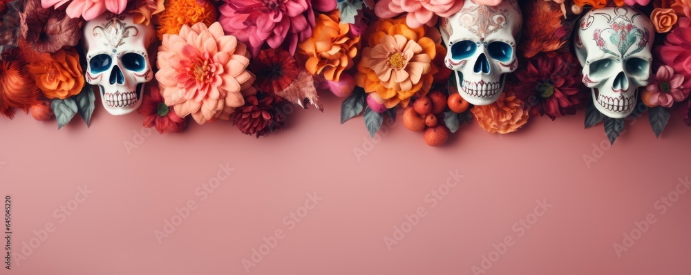 Floral sugar skull banner suitable for Santa Muerte, Day of the Dead and Halloween, background with copy space
