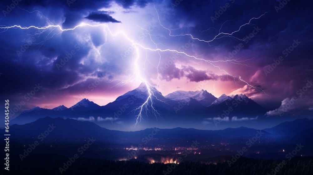 A dramatic lightning bolt illuminating the night sky over a distant mountain range 