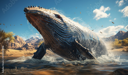 Whale jumping in water at sunset. AI generated