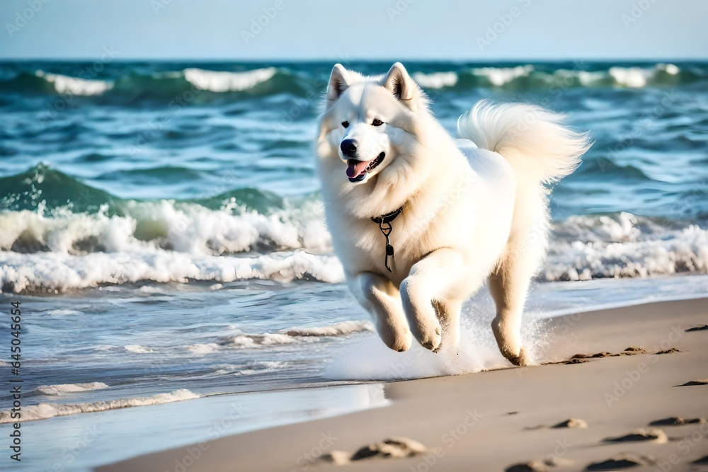 Running Samoyed dog on the beach. Horizontal full-color outdoor photograph of a sunny day. Running Samoyed dog on the beach. Horizontal full-color outdoor photograph of a sunny day.