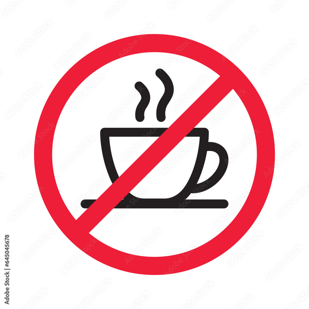 Prohibited coffee vector icon. No coffee icon. Forbidden espresso icon. No cappuccino vector sign. Warning, caution, attention, restriction, danger flat sign design symbol pictogram Prohibited coffee vector icon. No coffee icon. Forbidden espresso icon. No cappuccino vector sign. Warning, caution, attention, restriction, danger flat sign design symbol pictogram